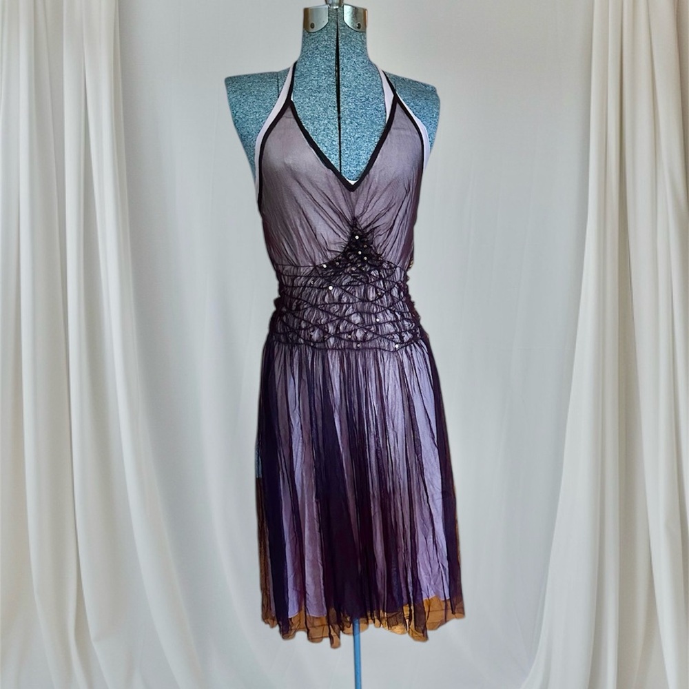 Umi NYC whimsical blush pink and brown halter dress